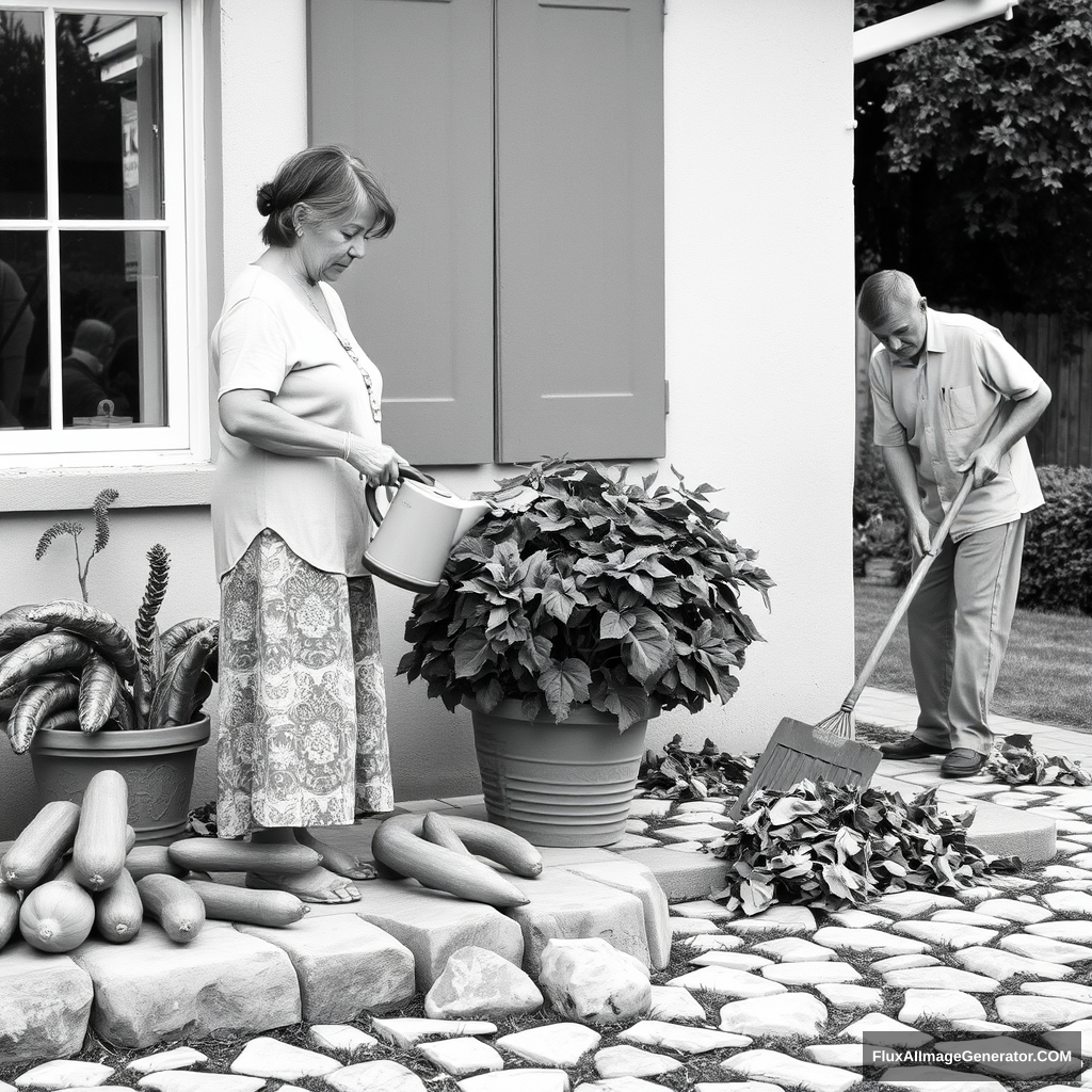 Black and white real picture  
A woman is watering a potted plant.  
Some vegetables have been piled beside the window.  
He's raking some leaves.  
Some stones form a driveway. - Image