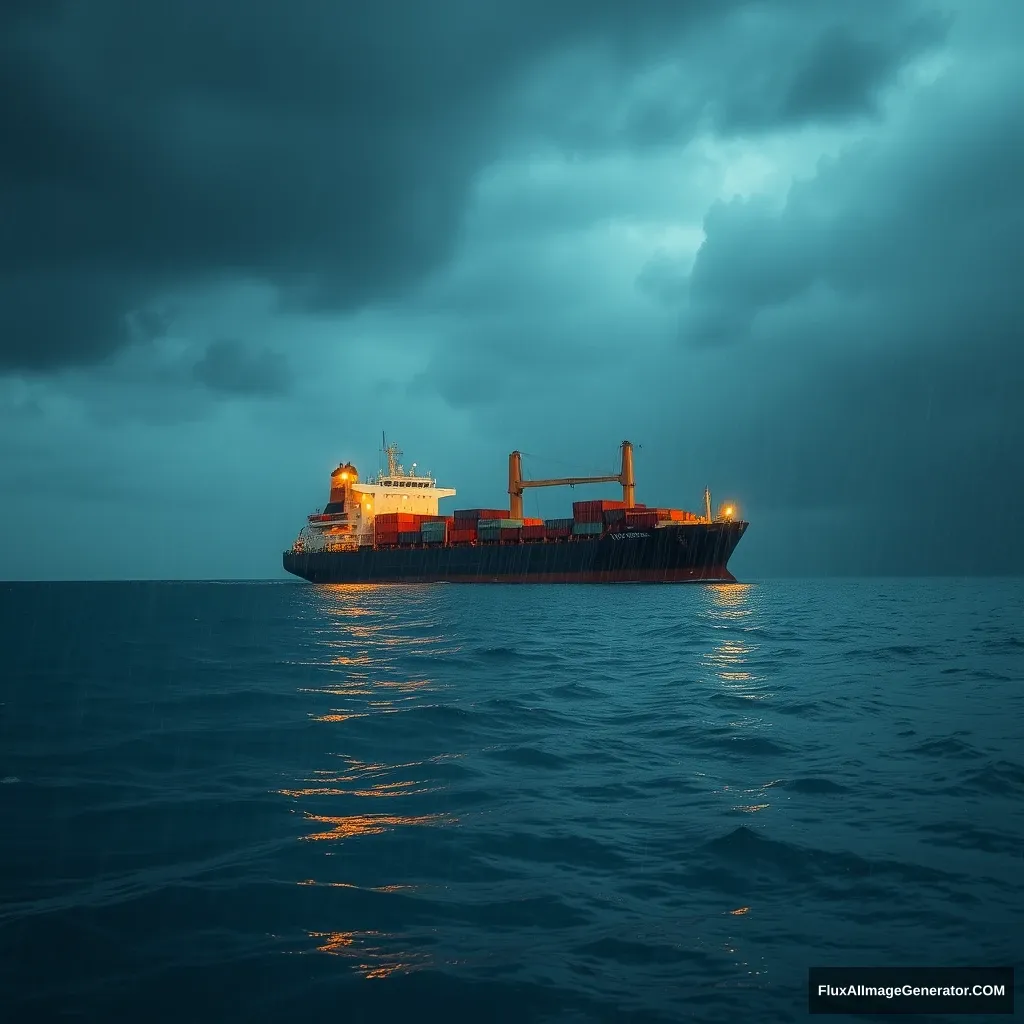 The heavy rain in the Caribbean Sea, a cargo ship's lonely drift. - Image