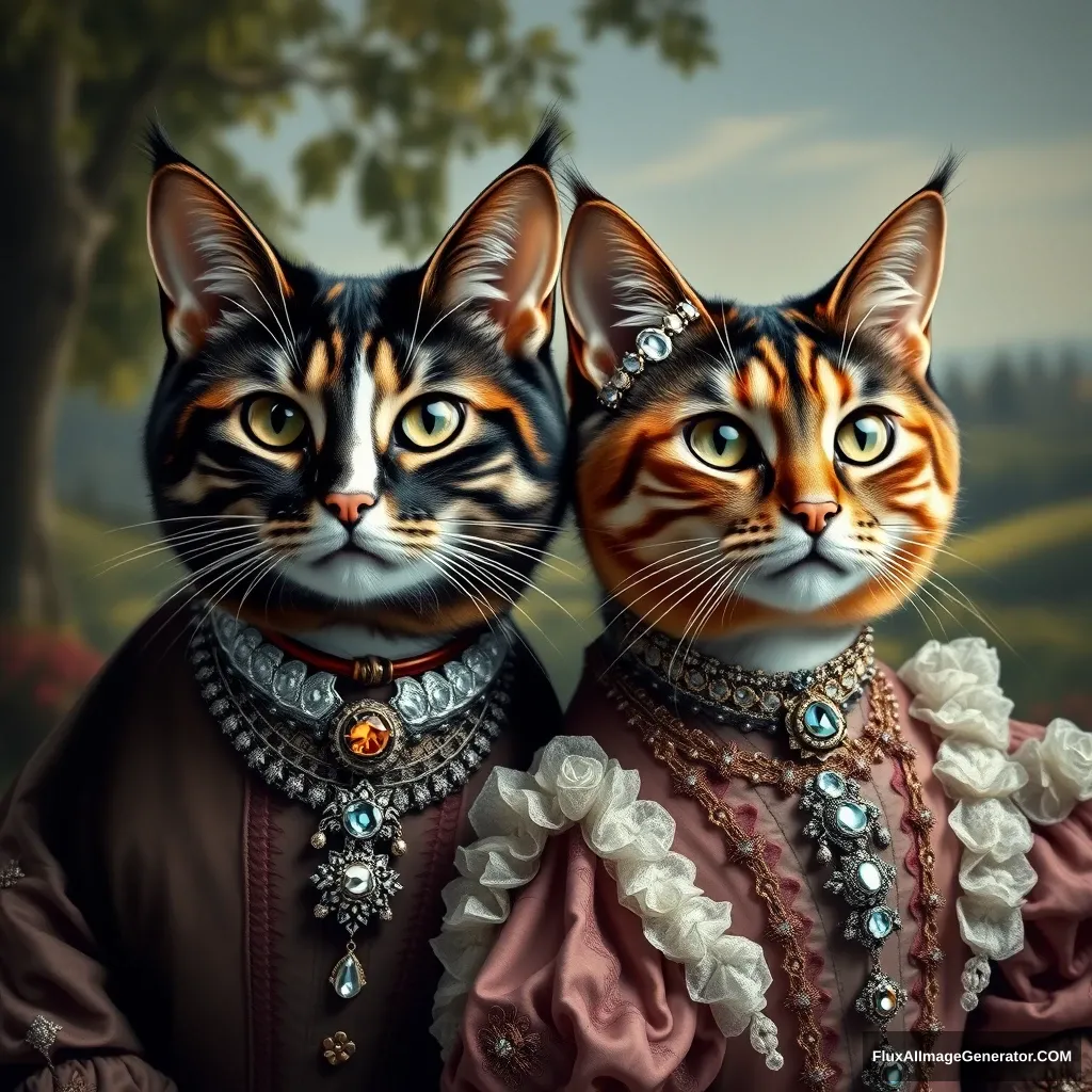 Portrait of two cat sisters; one has a light stripe down her nose, her fur is dark brown with orange and a little white patches. They are wearing very fancy Victorian clothing with lots of jewelry, and the background is pastoral.