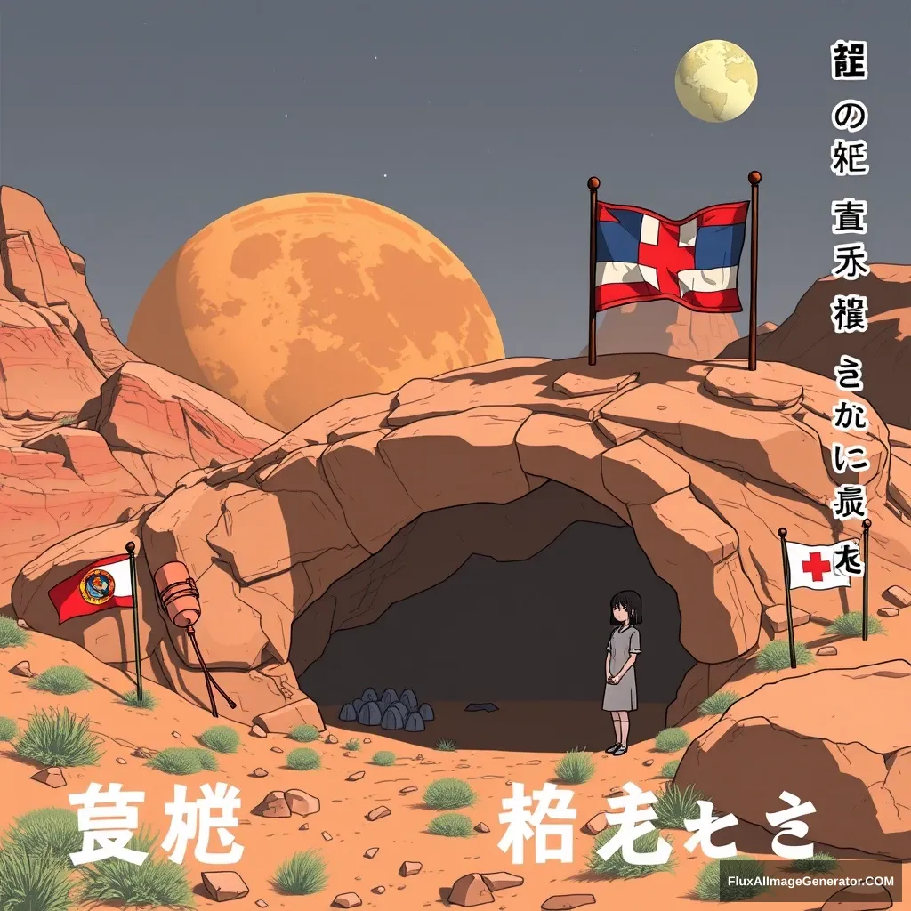 "Logged into Mars, someone lives in a cave, there are flags, there is a young woman, and there are Chinese characters or Japanese." - Image