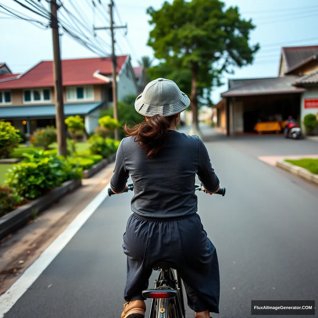 A woman riding a bicycle, from a rear perspective, Chinese.