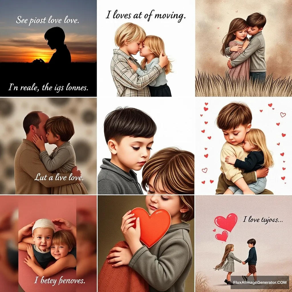 Collage of different tender images about love featuring a cute boy and girl.