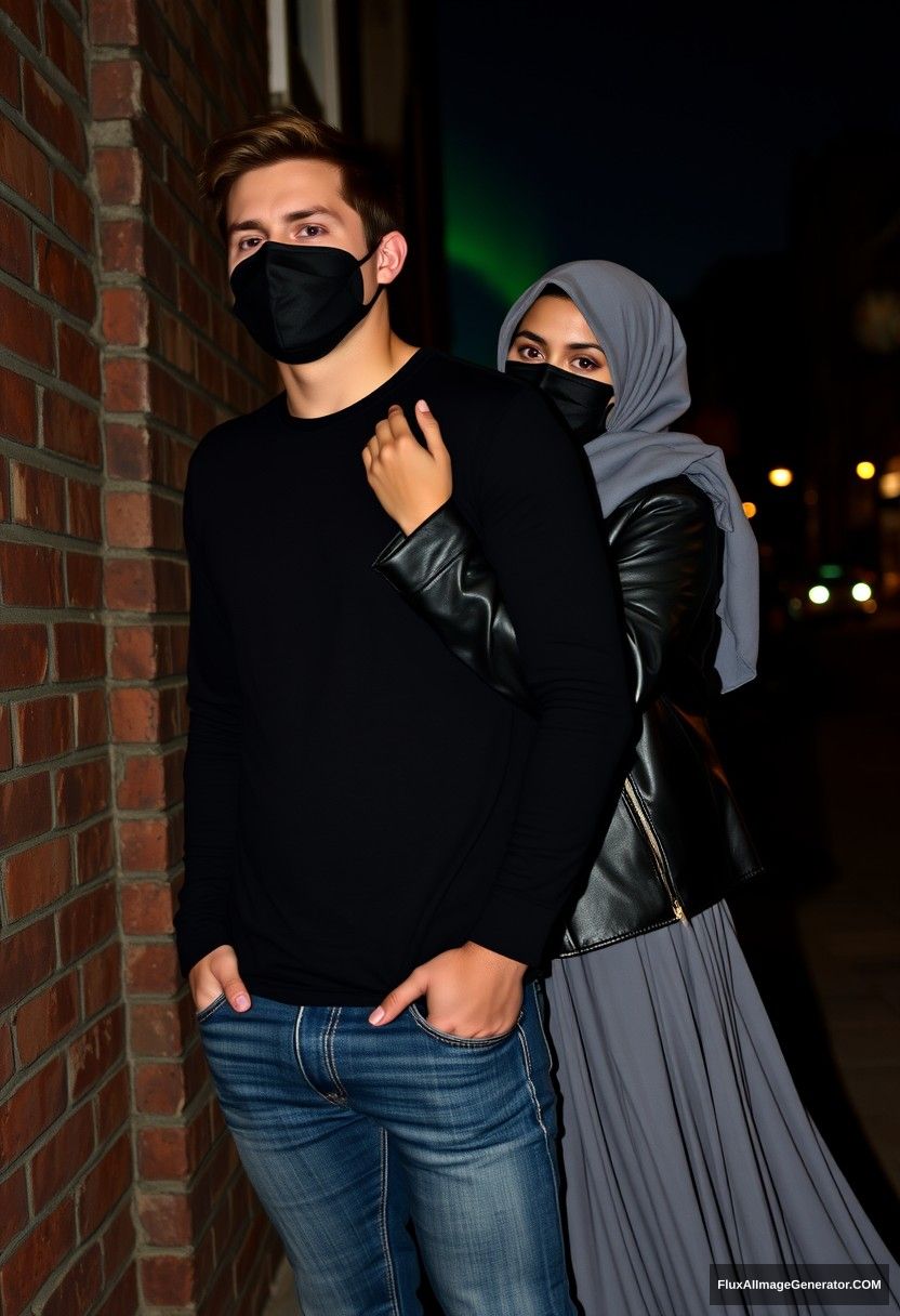 Jamie Dornan, tall, young, wearing a black face mask, black long-sleeve playboy t-shirt, jeans, 

dating romantically with a grey hijab Muslim girl, beautiful eyes, black face mask, leather jacket, wearing the longest and biggest skirt, not a tall girl,  

lying on his shoulder, hugging from behind, near a brick wall, in the town, photorealistic, street photography, night scenery, aurora borealis. - Image