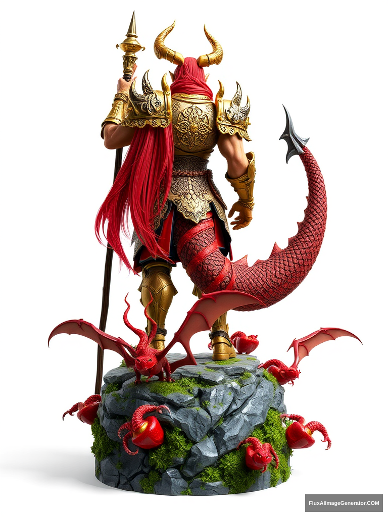 This is a highly detailed, intricately designed CGI rendering of a fantasy character standing on a rocky base. The character is depicted from behind, showcasing a muscular build and adorned in elaborate armor. The armor is predominantly gold and red, with intricate patterns and designs that give it a regal, mythical appearance. The character's head is adorned with a large, curved horn and long, flowing red hair that cascades down their back. Their left arm is raised, holding a long staff with a golden orb at the top, symbolizing magic or power.

The character's armor extends down their back, featuring a large, segmented tail that is covered in scales and ends in a sharp, spiky tip. Their legs are covered in armor, and they wear boots that extend to their knees. The base of the character is a rocky platform with a green, mossy texture, upon which several red, dragon-like creatures with sharp claws and wings are perched. The base also features large, red, bulbous growths that resemble plants or fungi. The background of the image is plain white, ensuring that all attention is focused on the character and their surroundings. The overall style is highly detailed and fantastical, typical of fantasy art and video game character designs. - Image