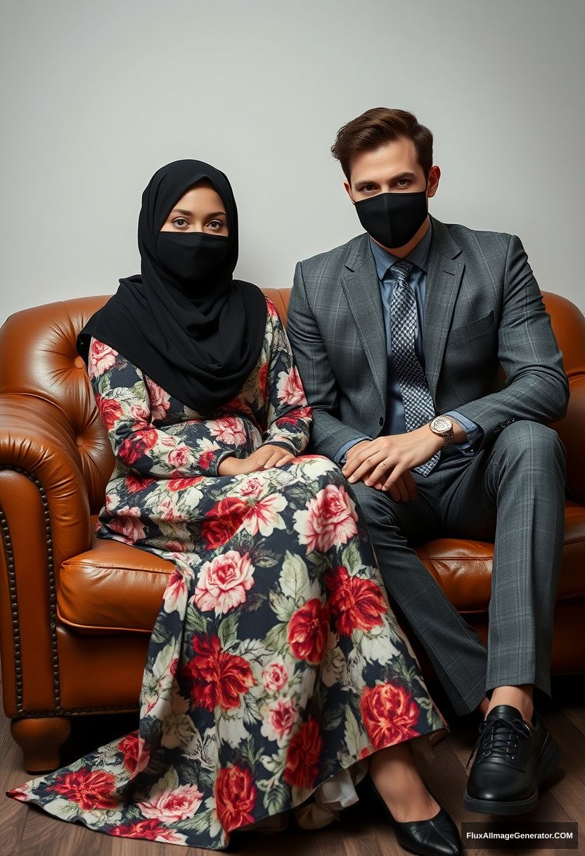 A biggest black hijab girl, slim girl, beautiful eyes, face mask black, biggest floral longest dress, sitting on leather single wing sofa, 

Jamie Dornan, youngest, grey suit coat, grey pattern tie, black leather sneaker, tall man, face mask black, fit body, sitting near her,

hyper realistic, studio photography. - Image