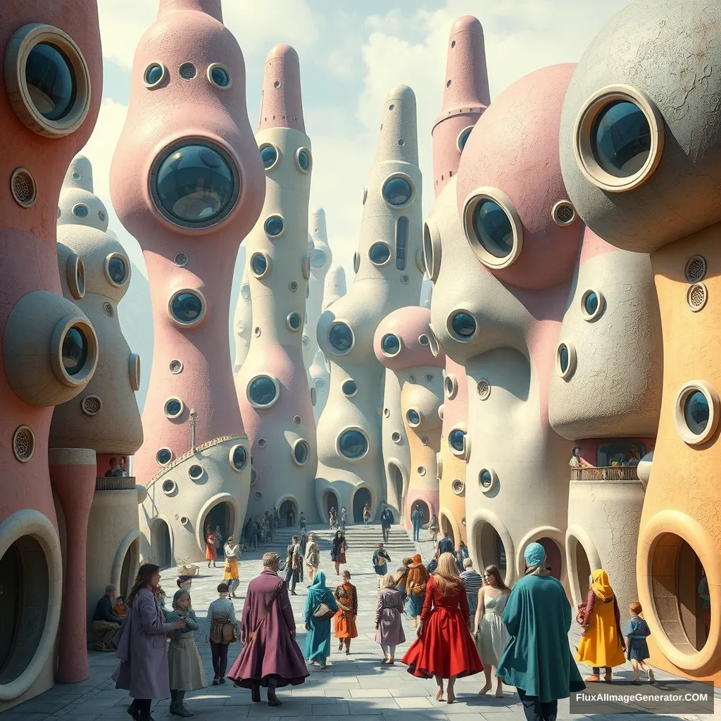 Futuristic town with morphic architecture, circular windows, each building is a different color. People are dressed in strange colorful otherworldly clothes. - Image