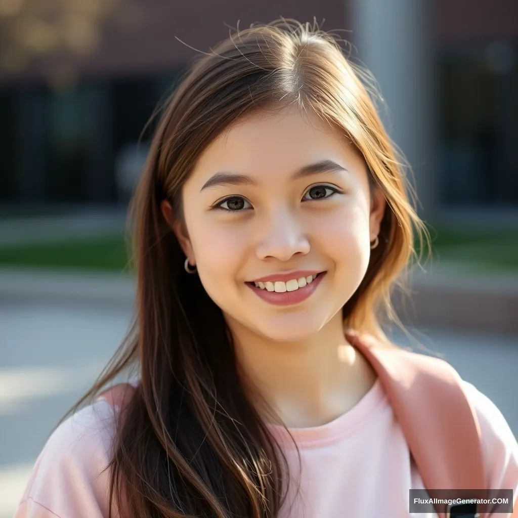 Young woman, professional photo, at college, pastel clothing.