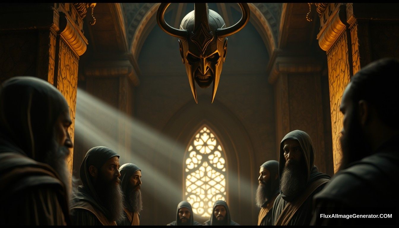 Close-up scene inside the monastery, showing Dajjal asking questions to a group of men. The atmosphere is tense, with Dajjal's imposing figure looming over them. Ultra HD, realistic, intense, with dramatic and cinematic lighting. - Image