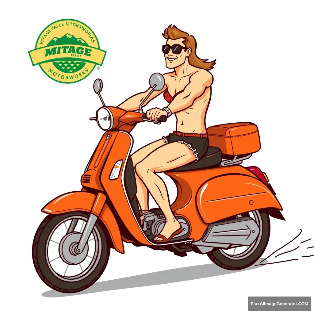 A man riding a 70's style moped, with bike pedals as a moped actually has, wearing only a bikini bottom and sunglasses, in the style of a cartoon from the early 90's, that has a logo for a moped shop called Vintage Valley Motorworks.