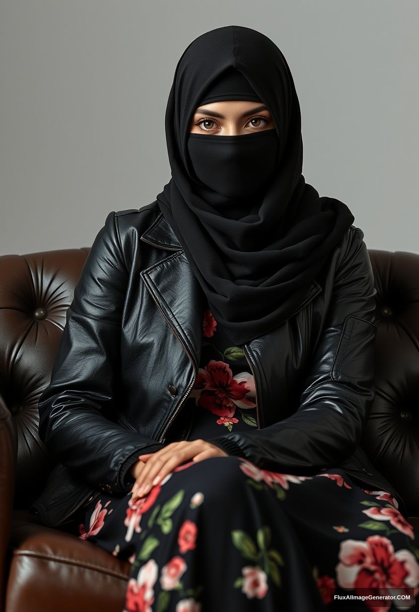 A biggest black hijab girl, burqa, beautiful eyes, black leather jacket, biggest floral long dress, sitting on leather single sofa, hyper realistic, studio photography.