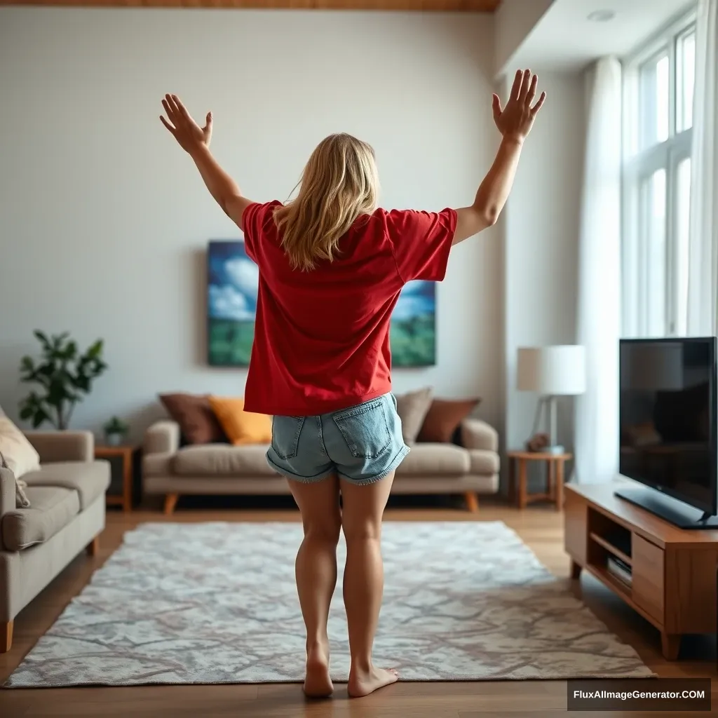 Side view of a skinny blonde woman in her early twenties in her large living room, wearing a massively oversized red polo t-shirt that is slightly off balance on one shoulder, with the bottom part untucked. She is also wearing light blue denim shorts and no shoes or socks. Facing her TV, she dives into the magical screen, raising her arms so quickly that they become blurry and are already below her chest.