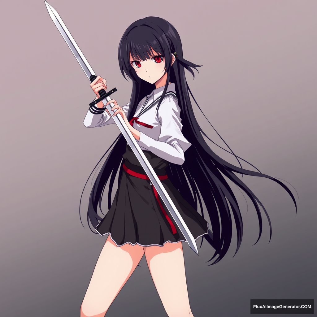 Anime style is important. Seinen style anime. Should look like an assassin with a gradient background. Holding one sharp sword. Black hair, red eyes. And it should be a full-body drawing. Should include legs. Hold sword straight up. Girl. - Image