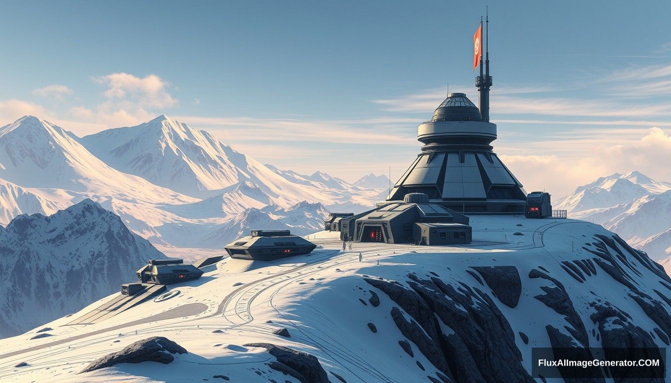 Cel shaded art, wide shot, a sci-fi center on the top of a snow mountain, open air, close look, cyberpunk, military base, Star Wars style. - Image