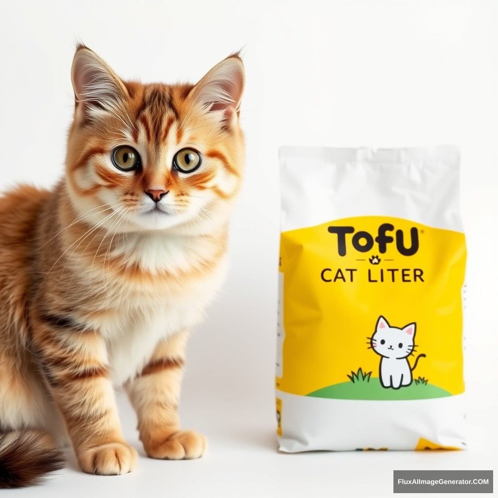 On the left is a very docile and cute cat looking directly at the viewer, and on the right is a yellow and white tofu cat litter packaging display, with "TOFU CAT LITTER" printed on the packaging bag and a simple cartoon cat sitting on a grassy field printed on a small part of the front of the packaging. The background is pure white. - Image