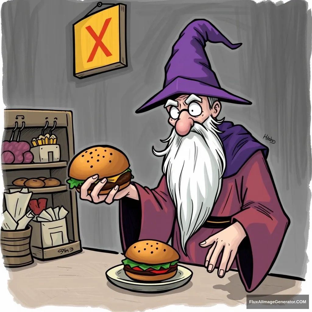 The wizard tries to buy a hamburger, but because no one understands him, he gets mad. - Image