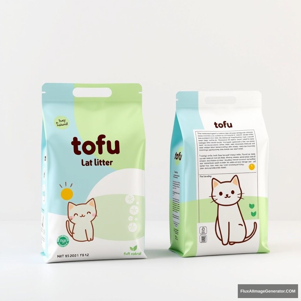 Design a tofu cat litter packaging bag. The packaging bag should adopt a simple and fresh style, using fresh colors such as light green, blue, and white. The packaging has simple lines and graphics, as well as a cute cat cartoon image. The packaging bag is designed as a standing bag with a handle for easy carrying. The packaging clearly indicates product information such as "tofu cat litter", "100% natural", and "dust-free". The packaging includes a brief brand story and value text or pattern. - Image