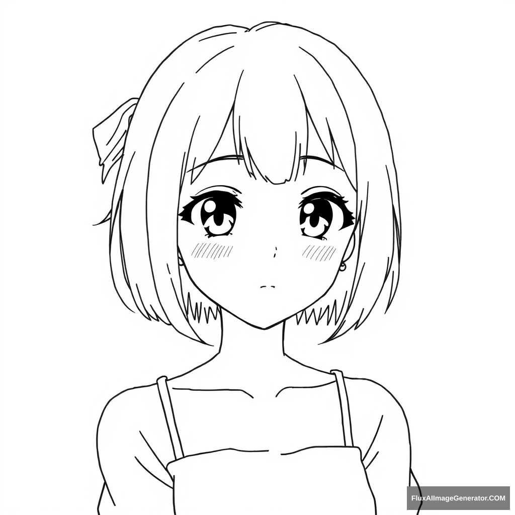 Neat and simple line art character drawing. Anime girl. Beautiful. Simple eyes. Crop top.