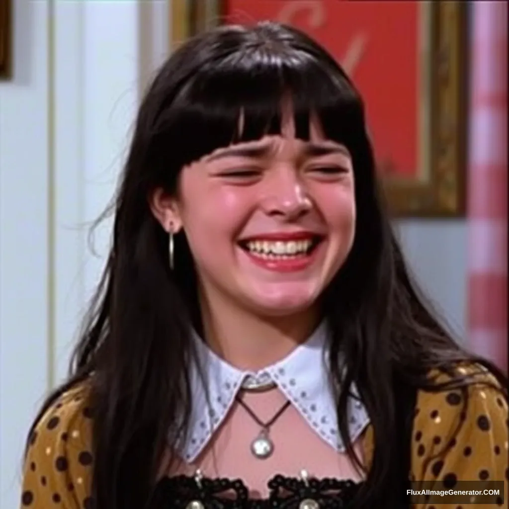 A young goth woman laughing in tears, scene from a 1990s sitcom.