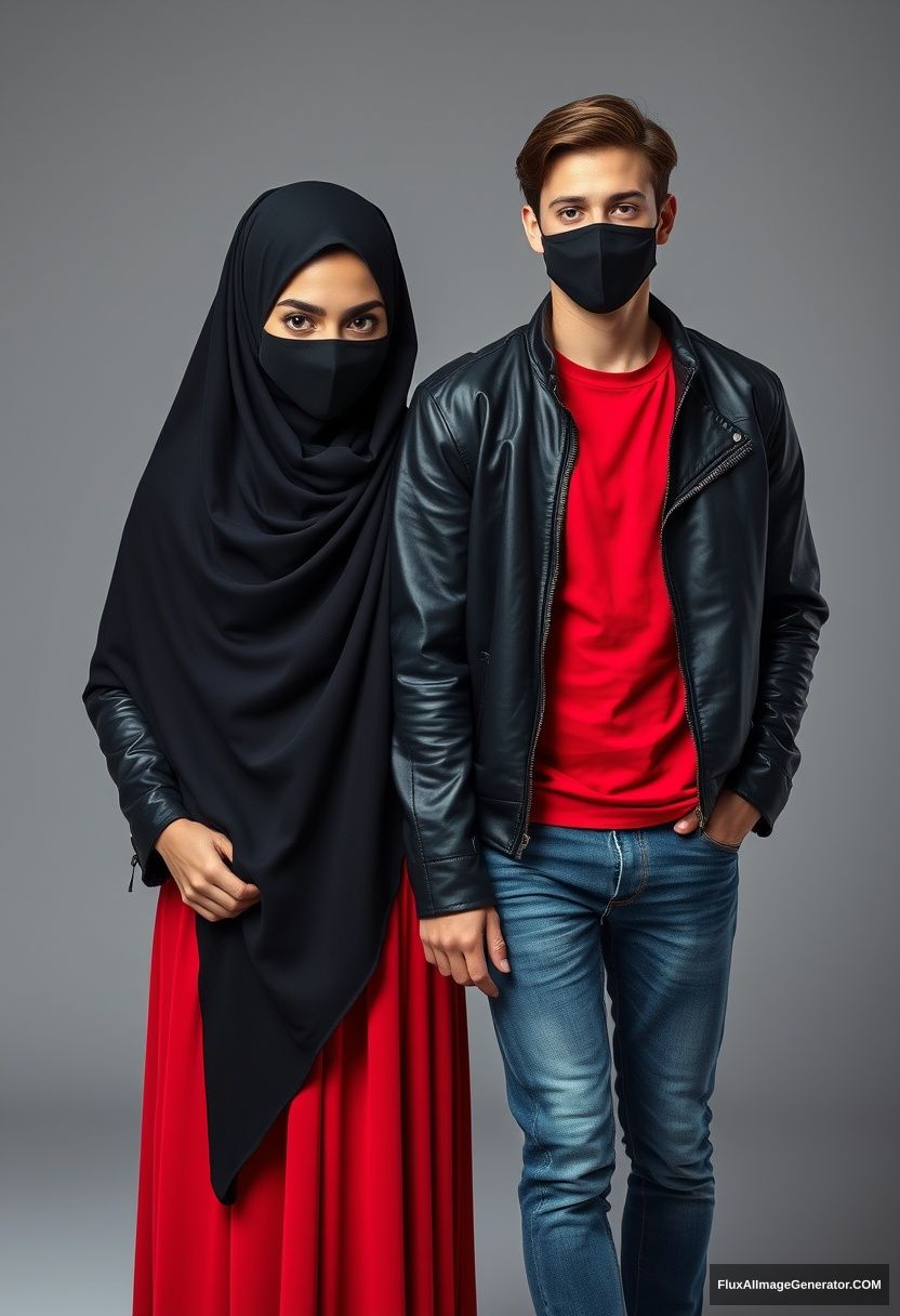 A biggest black hijab girl, beautiful eyes, face mask black, black leather jacket, biggest red longest dress, standing hold his arm,

Jamie Dornan, handsome, youngest, face mask black, Nike red t-shirt, black leather jacket, jeans, red sneaker

Hyper realistic, photorealistic, studio photography. - Image