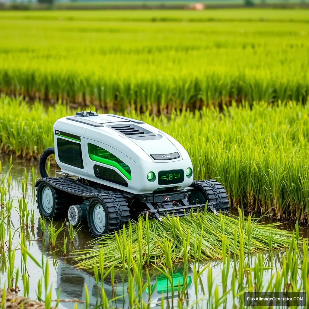 Robot harvesting paddy in a field. - Image