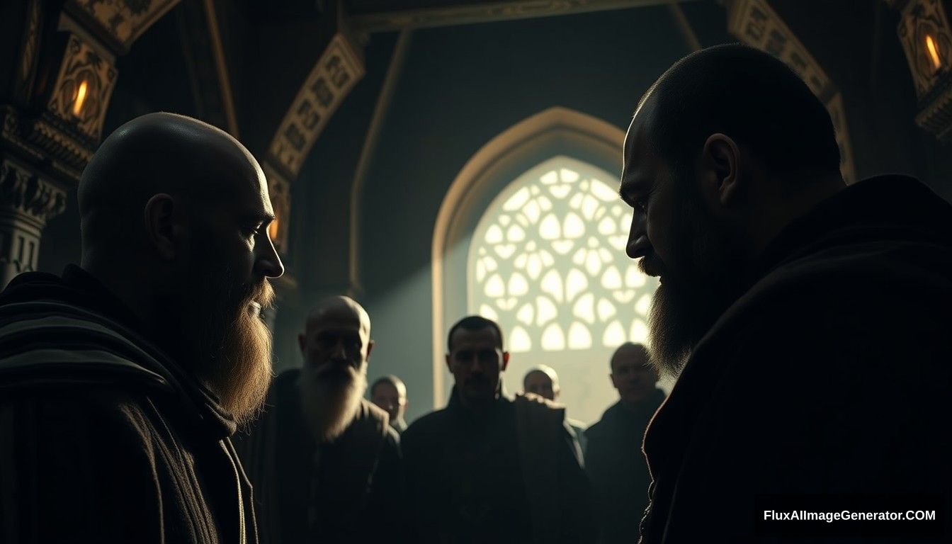 Close-up scene inside the monastery, showing Dajjal asking questions to a group of men. The atmosphere is tense, with Dajjal's imposing figure looming over them. Ultra HD, realistic, intense, with dramatic and cinematic lighting. - Image