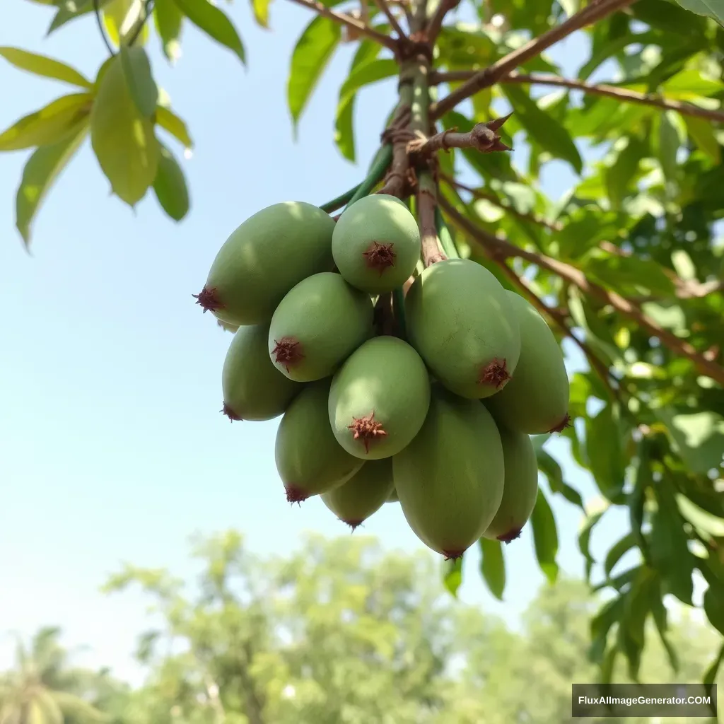 Bunch of Green Mango in mango saplings.