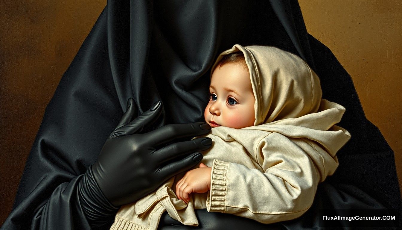 A pious woman is holding a baby boy. Wearing black gloves and a niqab, Maryam is a very devout woman dressed in a black sarong, with her neck covered by a perfect hijab. Realistic, full body, oil painting, old.