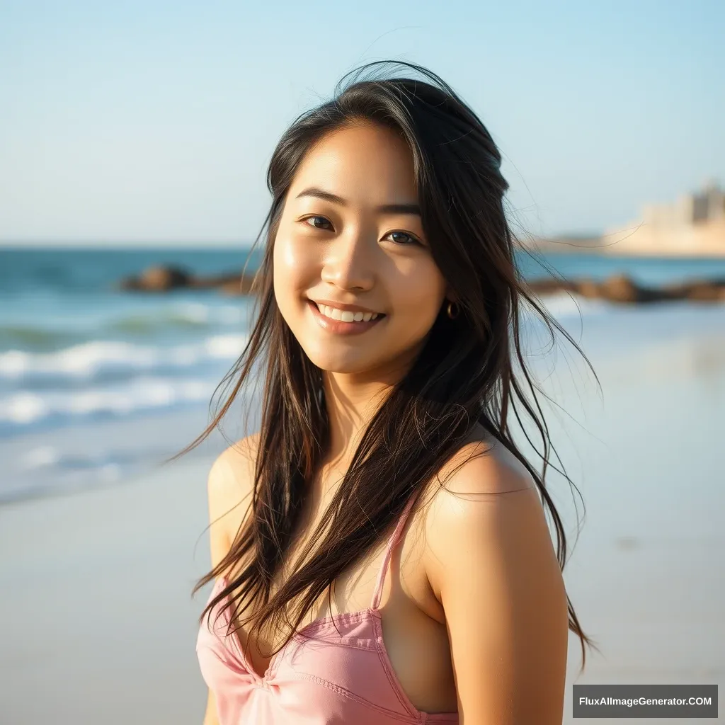 An Asian girl, on the beach. - Image