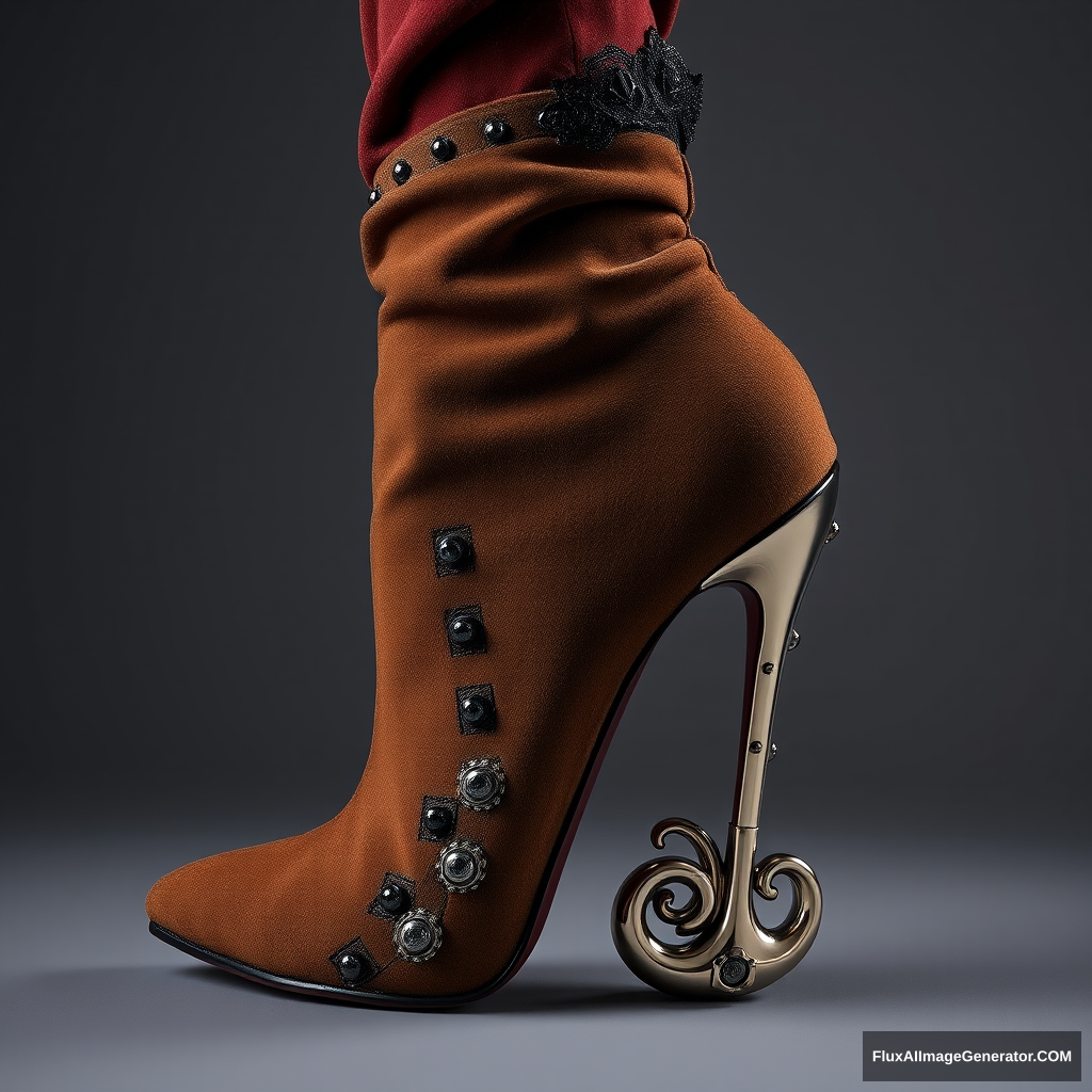 A high-fashion stiletto boot with a unique heel designed as a metallic sculpture of a full woman's body in an artistic and sexy pose who embraces the boot, intricate details, suede, nails, lace.