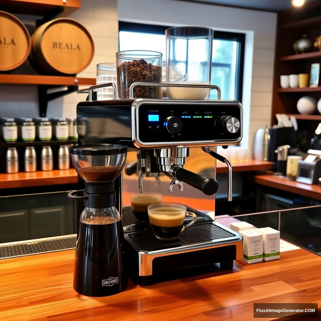 The professional bar has a coffee machine, a grinder, tea barrels, and other layouts.