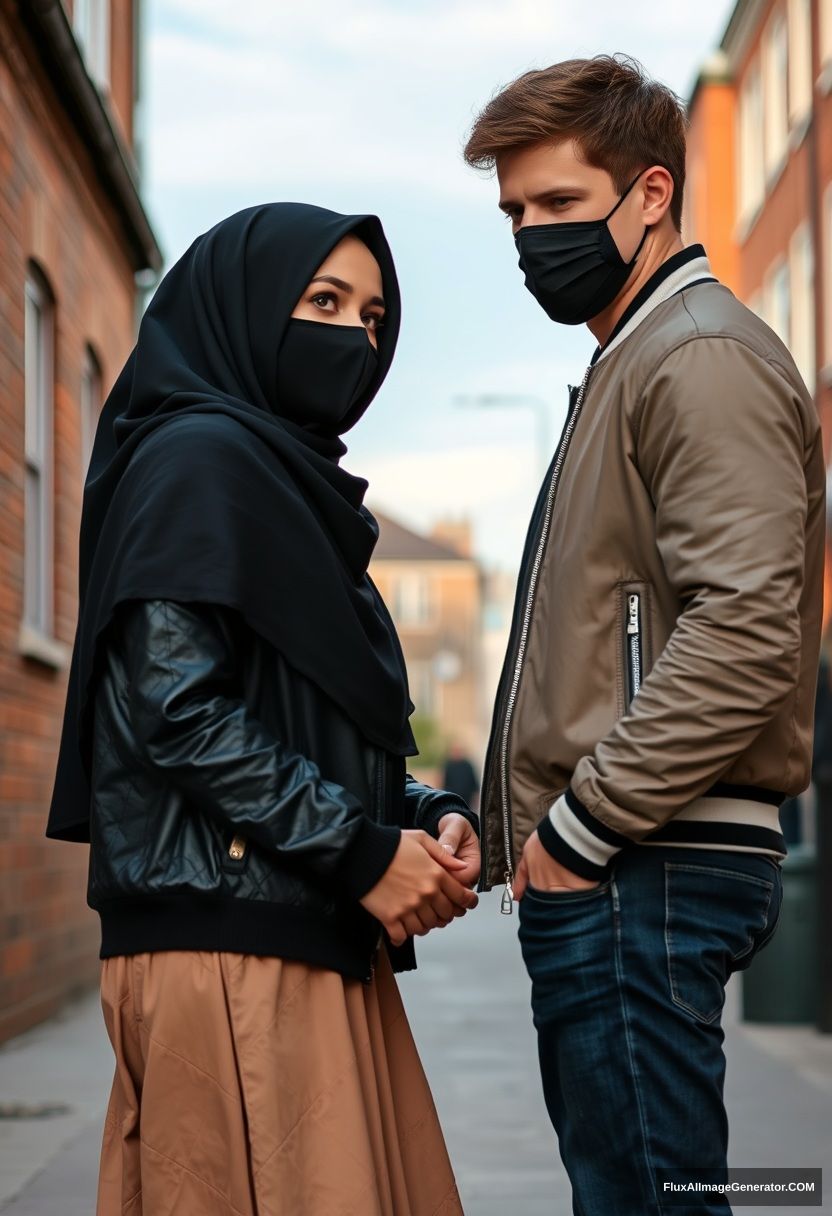 Jamie Dornan, handsome, young, wearing a black face mask, collage jacket, jeans, dating a beautiful Muslim girl with the biggest black hijab, beautiful eyes, wearing a black face mask and black leather jacket, standing with the biggest skirt laid against a brick wall, town, morning scenery, photorealistic, street photography. - Image