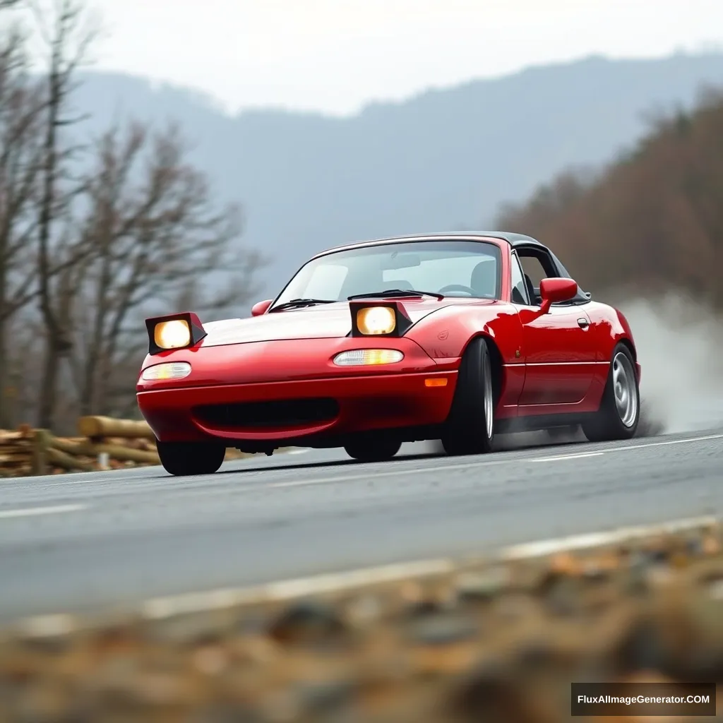 Create an image of a red 1991 Mazda Miata drifting on a Japanese mountain. The headlights of the car are closed.