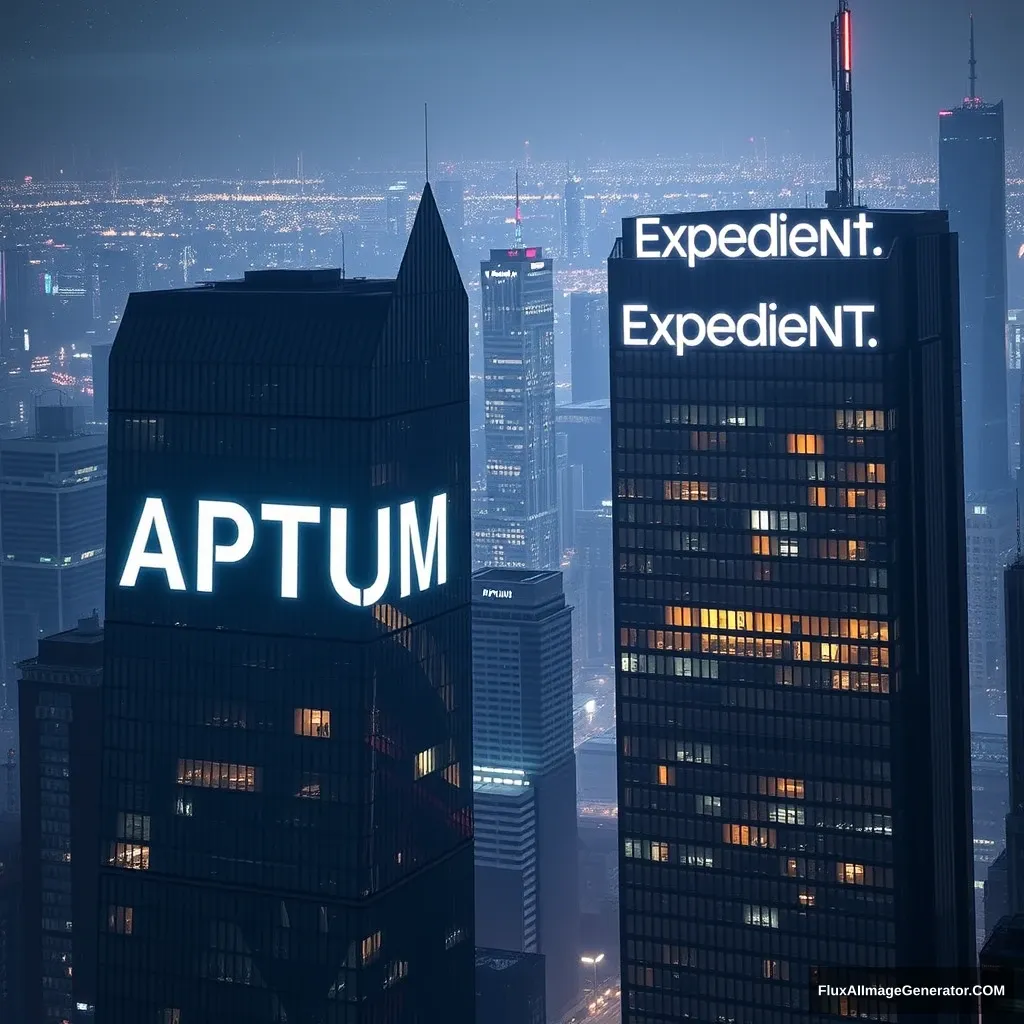 An image of a city with two large buildings in the foreground. The building on the left says Aptum in large letters on the face, and the top of the building on the right says Expedient in large letters on the face. The style of the image should be futuristic, brightly lit, and at night. - Image