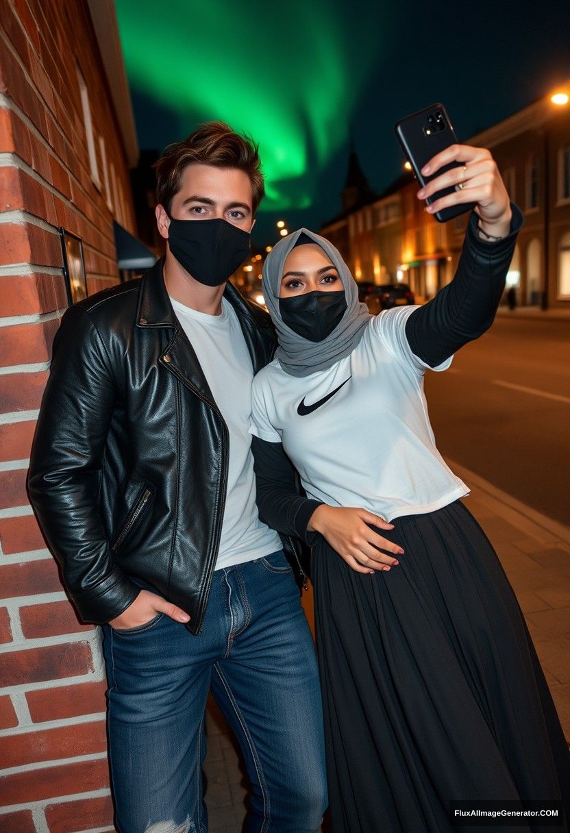 Jamie Dornan, tall and handsome, wearing a black face mask, a white Nike T-shirt, and jeans, is dating a beautiful Muslim girl in a grey hijab with lovely eyes, also wearing a black face mask, a leather jacket, and a very long and wide skirt. She is not tall. They are laying against a brick wall in town, captured in photorealistic street photography, taking selfies in the night scenery with the aurora in the background.