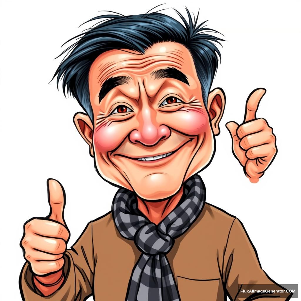 Create a highly detailed, colored sketch-style caricature of a middle-aged Vietnamese man with short, dark hair and a weathered face. The man should have a cheerful expression, with one hand raised in a thumbs-up gesture and the other hand gesturing outward. He is wearing a traditional brown áo bà ba and a black and white checkered scarf tied around his forehead. The style should combine cartoon-like exaggeration with the texture and vibrancy of a colored sketch, set against a plain white background. - Image