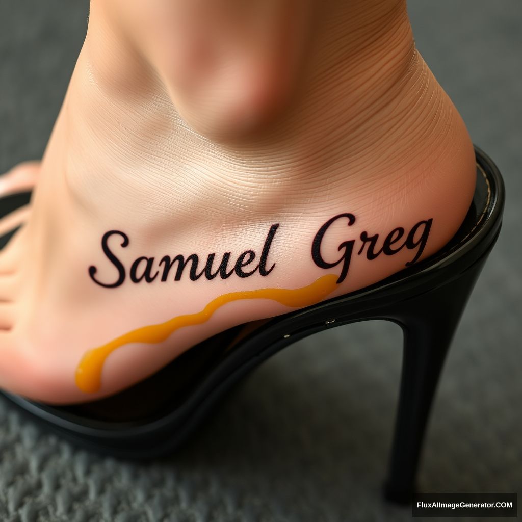 The name "Samuel Greg" on a woman's foot in a black high heel. There is oil all over the foot.