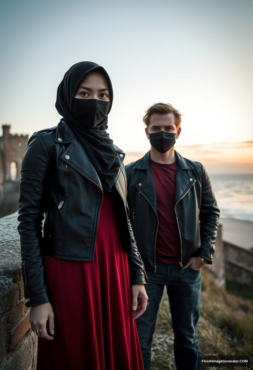 A biggest black hijab girl, beautiful eyes, face mask black, black leather jacket, biggest red longest dress, untall,

Jamie Dornan, handsome, face mask black, fit and tough body, metal red t-shirt, black leather jacket, jeans, tall man,

standing near wall together,
Hyper realistic, photorealistic, street photography, Victoria's abandoned castle, near beach, sunrise.