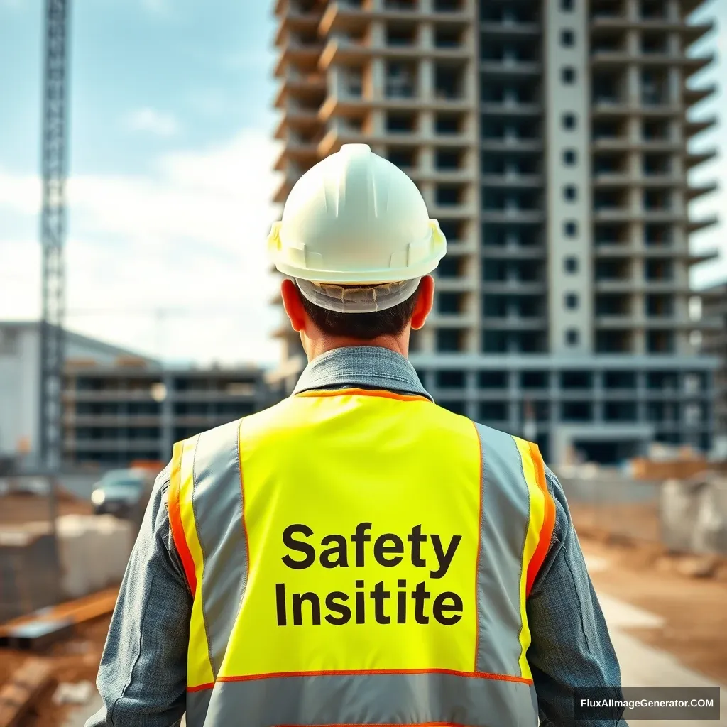 A photorealistic image of a construction worker walking toward a construction site. There is a high-rise building under construction in the background. The construction worker is facing toward the camera. The construction worker is about 10 feet away from the camera. He is wearing a yellow vest that has “Utah Safety Institute” in white letters on the left chest. He is also wearing a white safety hat.