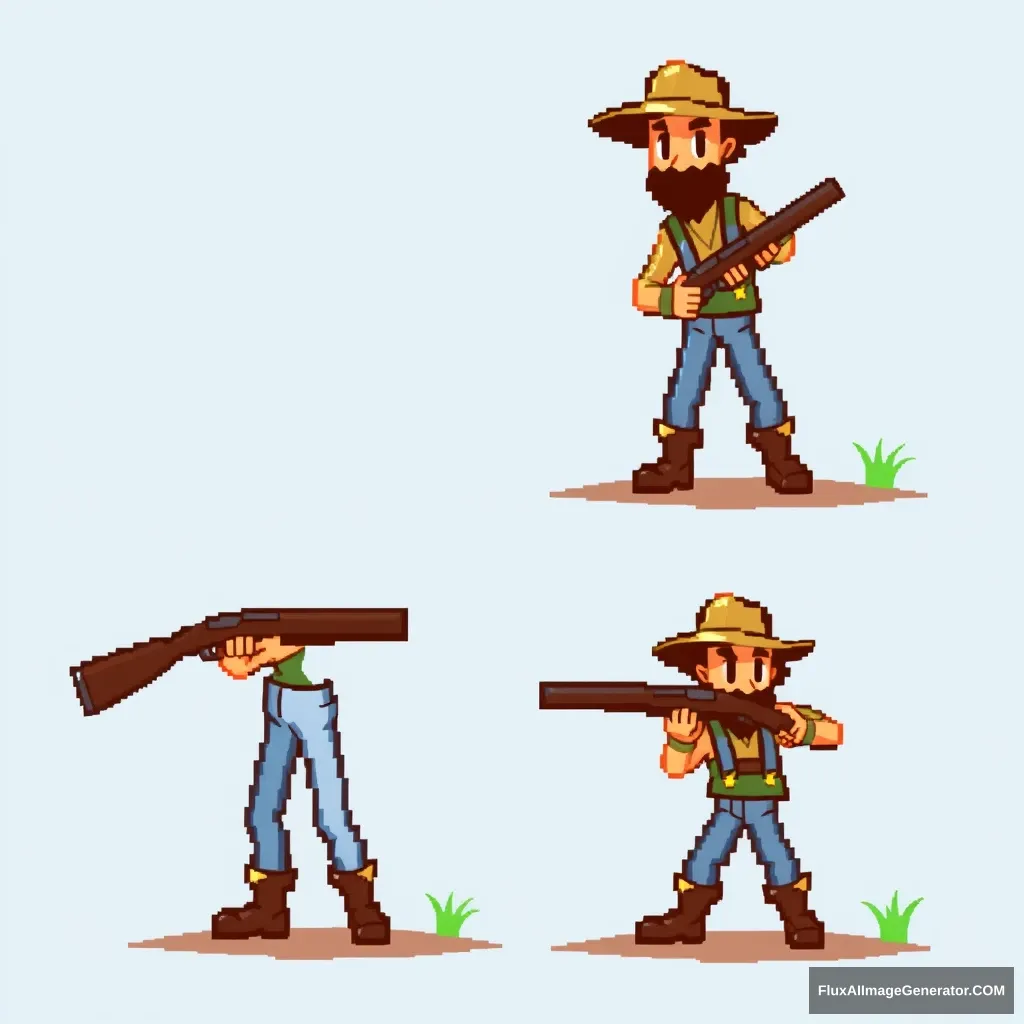 I need a Gameboy sprite sheet of a farmer with a shotgun. I need all four directions of movement for a simple RPG character. - Image