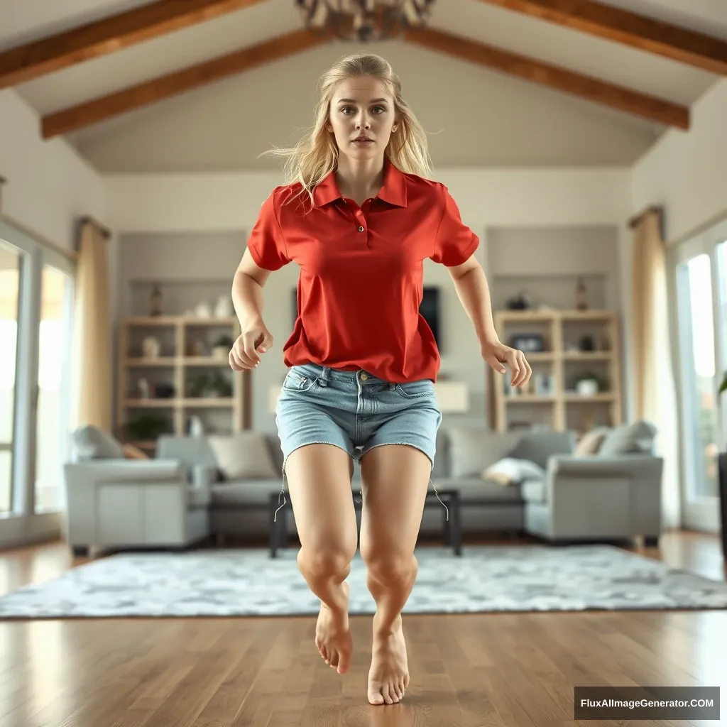 Front view of a blonde skinny woman in her early twenties, in her massive living room, wearing an oversized red polo t-shirt that is a bit off balance on one shoulder. The bottom of her t-shirt is untucked, and she is wearing light blue denim shorts, with no shoes or socks. Facing the camera, she looks scared and runs towards it with both arms straight down. - Image