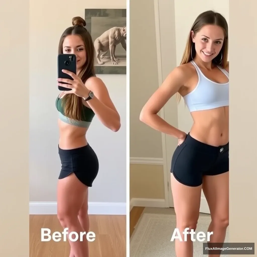 Fitness model influencer Emma's before-and-after photos. Her waist is half the width of her hips.