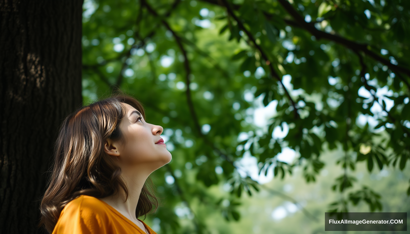 A woman is looking at the tree, looking forward.