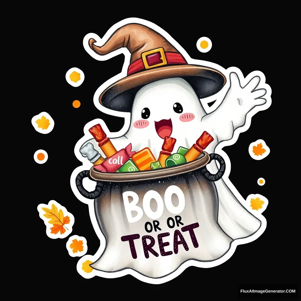 A cute ghost dressed for Halloween, holding out an open cauldron of candy with the words "BOO OR TREAT." Decorated with autumn dots and glitter gem elements on a white background, in the style of a sticker illustration, as vector art, resembling a hyper-realistic watercolor painting, isolated on a black background, with hyper detail and high resolution.