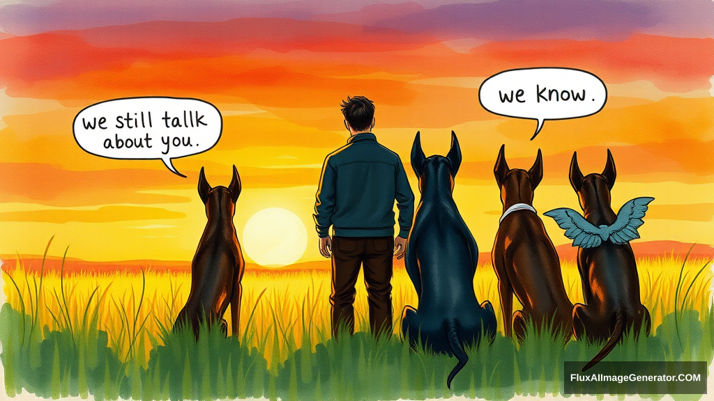 Messy hand drawn watercolor illustration: male figure in meadow at golden hour, silhouetted against vibrant sunset sky. 3 Winged canine doberman companions sat beside. facing away from the viewer, Speech bubbles float above: "We still talk about you" (person), "we know" (dog). Nostalgic atmosphere, brushstrokes convey wistful longing. - Image