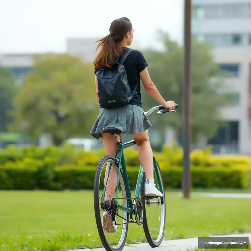 A female student is riding a bicycle in a very short skirt. - Image