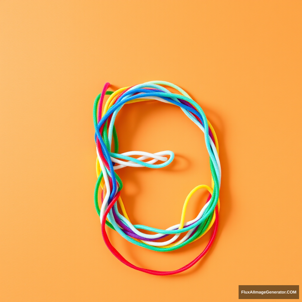 A "E" made of twisted colorful elastic bands on a light orange background, realistic photograph. - Image