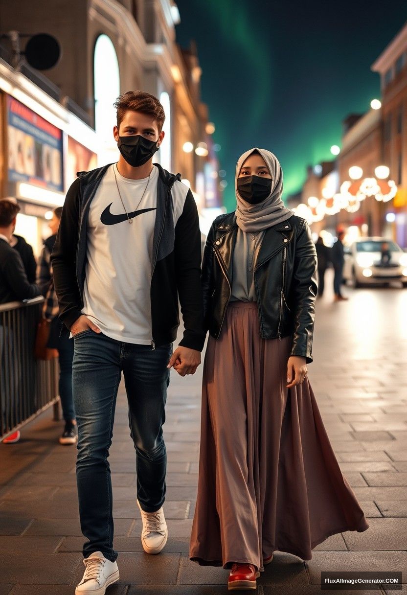 Jamie Dornan, tall, handsome, black face mask, long sleeve white Nike t-shirt, jeans, sneakers, 

dating, love, romantic with a grey hijab Muslim girl, beautiful eyes, black face mask, leather jacket, very long and big skirt, not a tall girl, red sneakers, 

holding hands, walking together in town, photorealistic, street photography, full photography, selfie photos, night scenery, aurora.