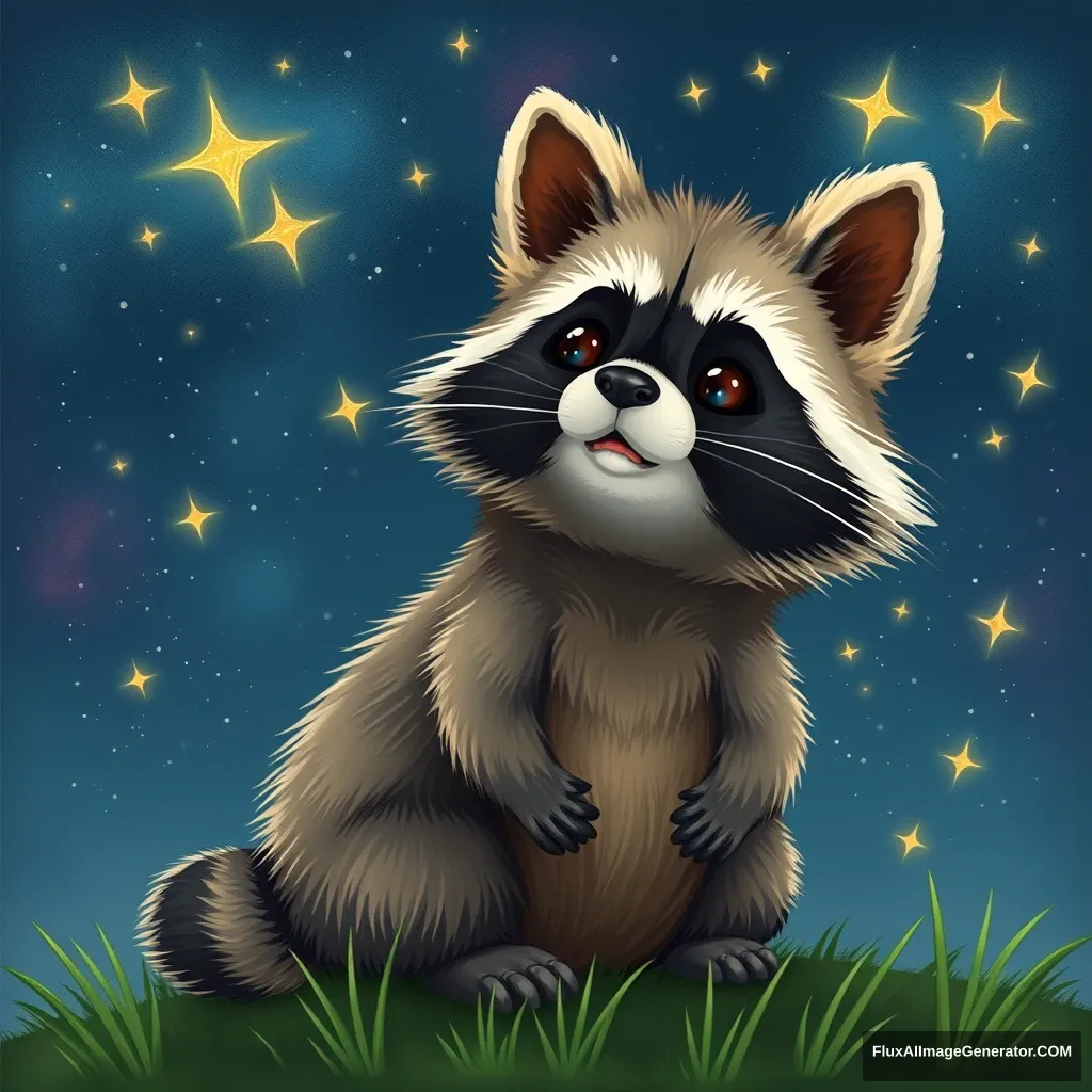 A raccoon looking at the shooting stars with a cute bunny, galaxy background. - Image