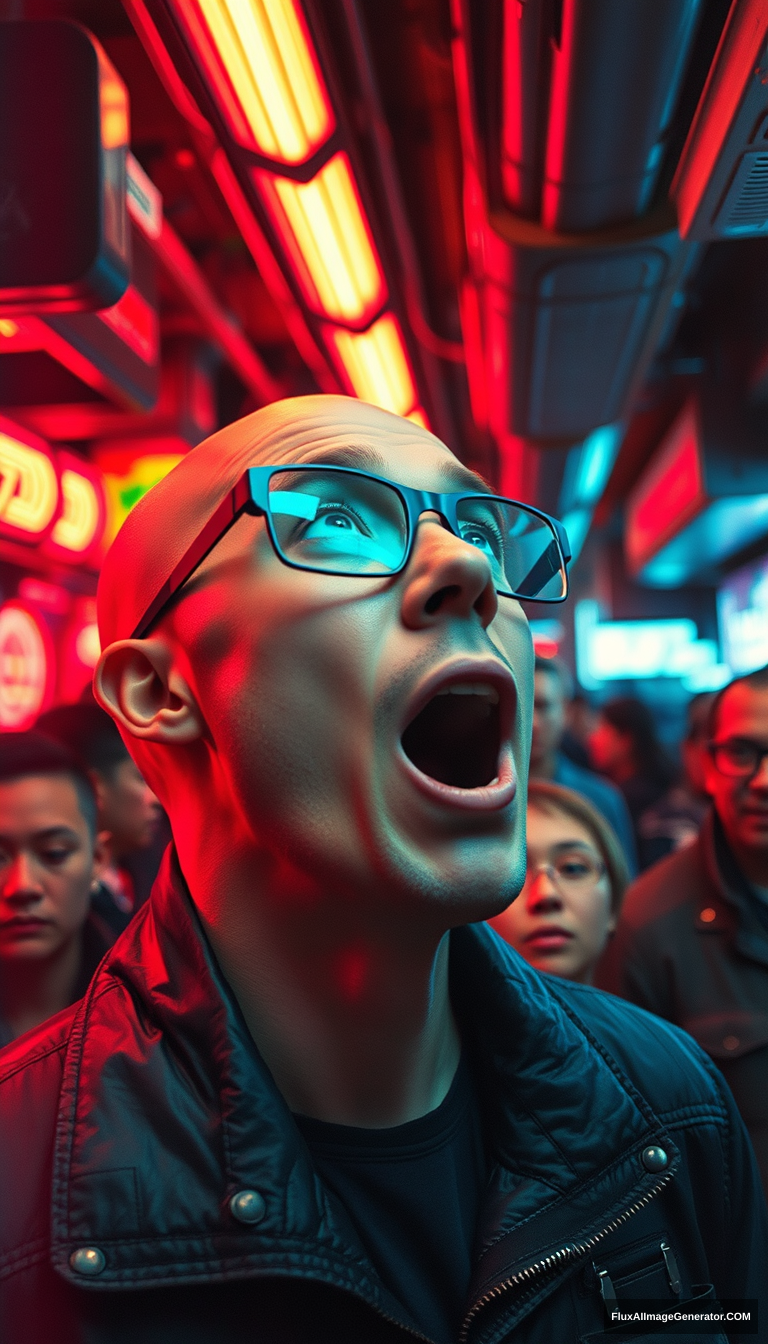 A man with a futuristic bald haircut is experiencing a hallucination, looking amazed with his mouth open as he gazes upwards. He wears heavy iron sci-fi glasses in a crowded underground tech black market. The scene is dystopian and futuristic, captured with a disposable camera, reflecting techno aesthetics.