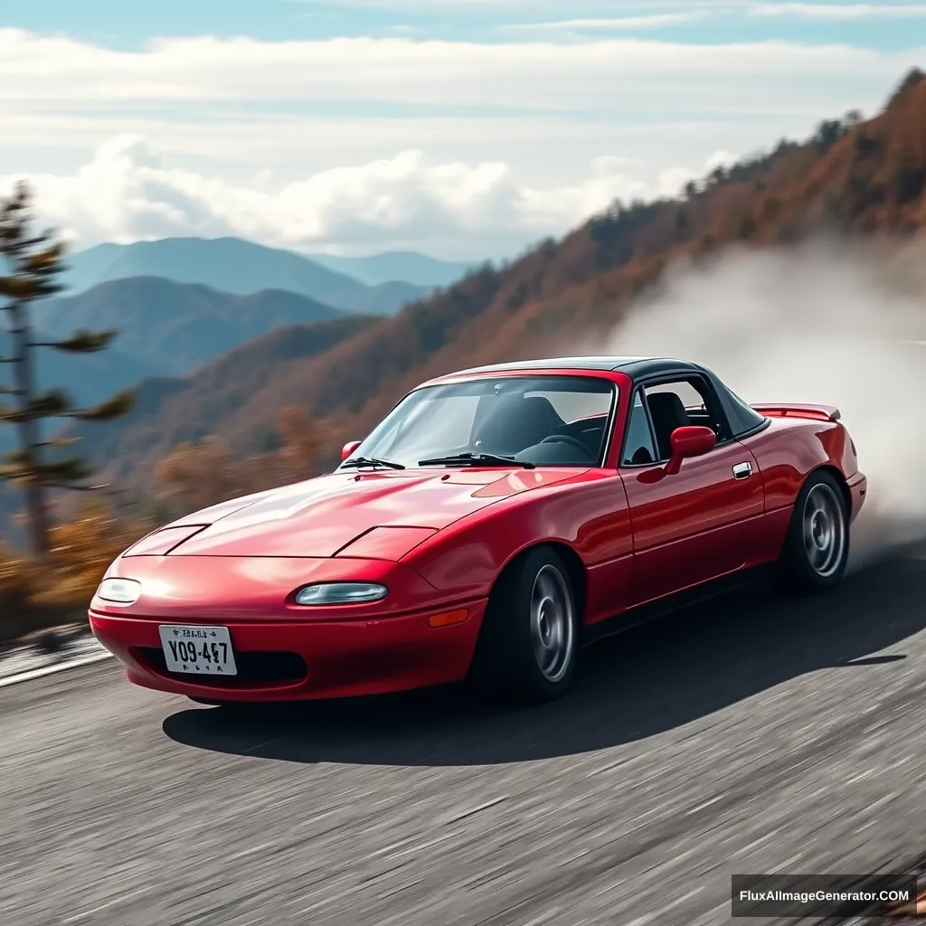 Create an image of a red 1991 Mazda Miata drifting on a Japanese mountain. - Image